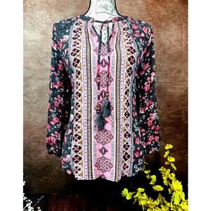 Mason & Belle Casey Tassel Detail Blouse Gray/Pink size S